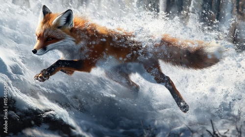 Red fox leaping through snowy landscape. photo