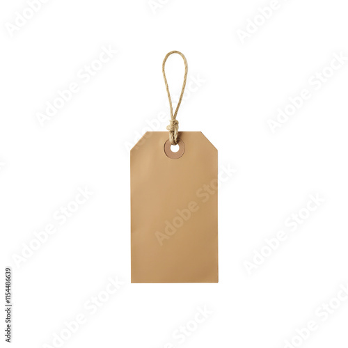 A simple brown tag is suspended by a piece of twine, showcasing its blank surface. This tag is typically used for labeling products, gifts, or organizing items in different environments, such as retai photo