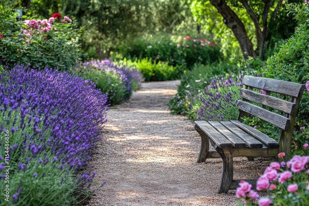 Serene garden path with wooden bench, lavender, and roses. Serene garden path with wooden bench, lavender, and roses.