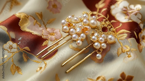 Elegant gold hairpins with pearls and gemstones, resting on a patterned silk fabric. photo