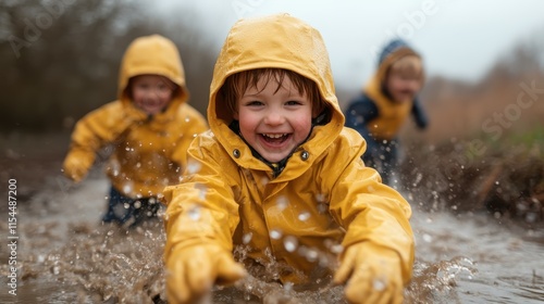 Three young kids are seen plowing through muddy puddles, dressed identically in yellow raincoats, highlighting the thrill and companionship found in outdoor play. photo