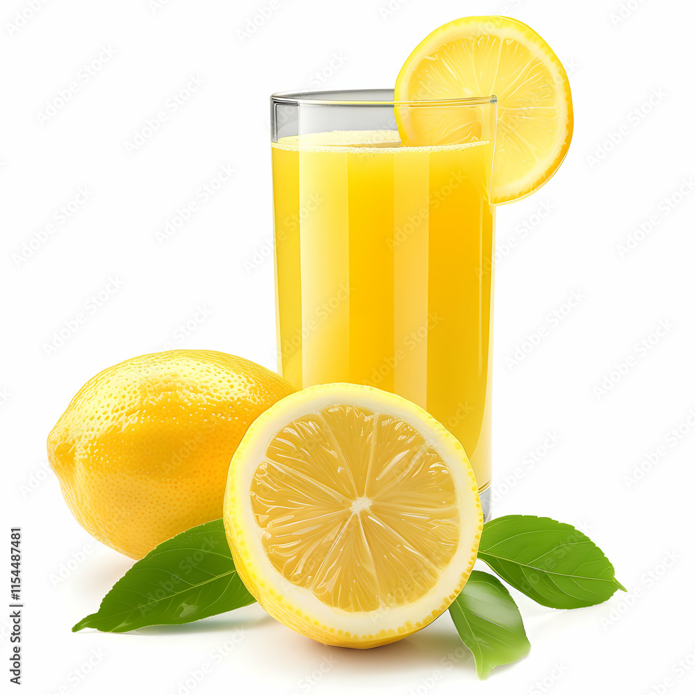 Freshly Squeezed Lemonade in Glass with Lemon Slice and Leaves Freshly Squeezed Lemonade in Glass with Lemon Slice and Leaves