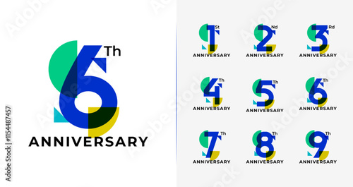 Set of anniversary logo design. Birthday number with abstract, geometric, and colorful concept