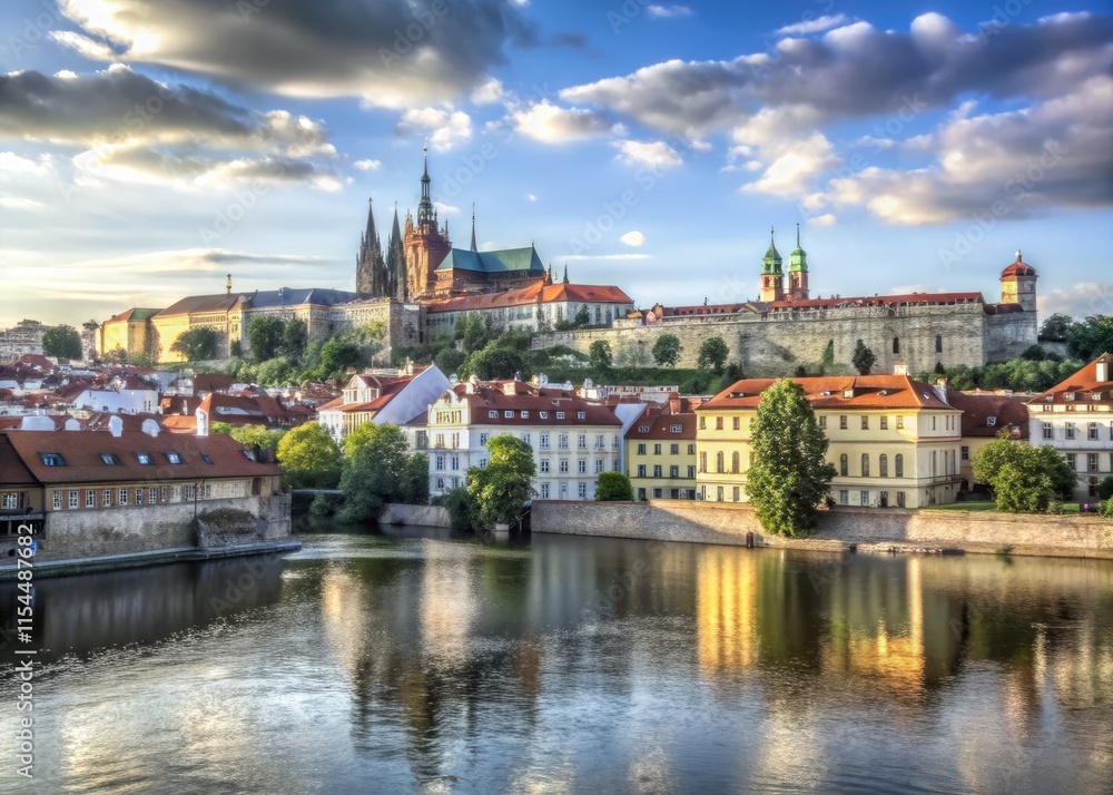 Prague's breathtaking panorama: Castle, Vltava River, and cityscape majesty unfold. Prague's breathtaking panorama: Castle, Vltava River, and cityscape majesty unfold.