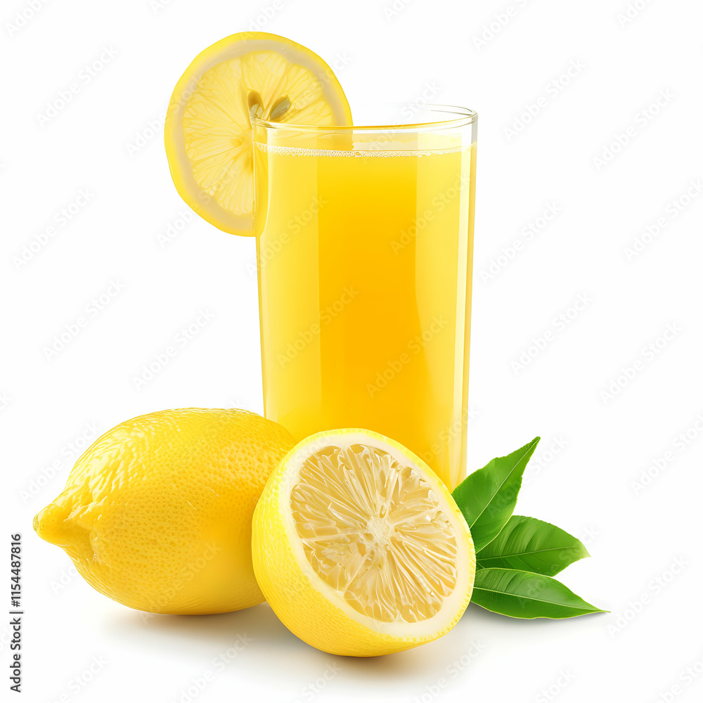 Refreshing Lemonade in Glass with Fresh Lemons and Green Leaves Refreshing Lemonade in Glass with Fresh Lemons and Green Leaves
