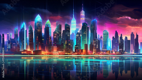Futuristic Cityscape with Neon Lights. A vibrant, futuristic city skyline illuminated by neon lights reflecting in the water