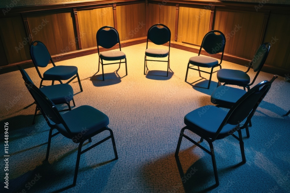 Fototapeta premium A group therapy circle of empty chairs, wide-angle composition, warm interior lighting