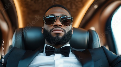 A confidently poised man in a tuxedo and sunglasses sits inside a luxury vehicle, embodying sophistication and style, accentuated by an elegantly designed interior. photo