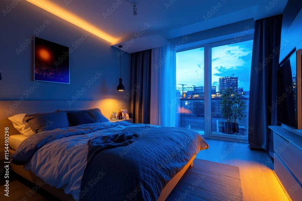 A minimalist bedroom focusing on sleep hygiene, wide perspective, blue hour lighting A minimalist bedroom focusing on sleep hygiene, wide perspective, blue hour lighting