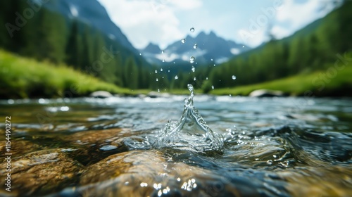A dynamic water splash captured in a mountain stream surrounded by lush trees and distant peaks under a bright sky, showcasing the beauty of nature's movement.