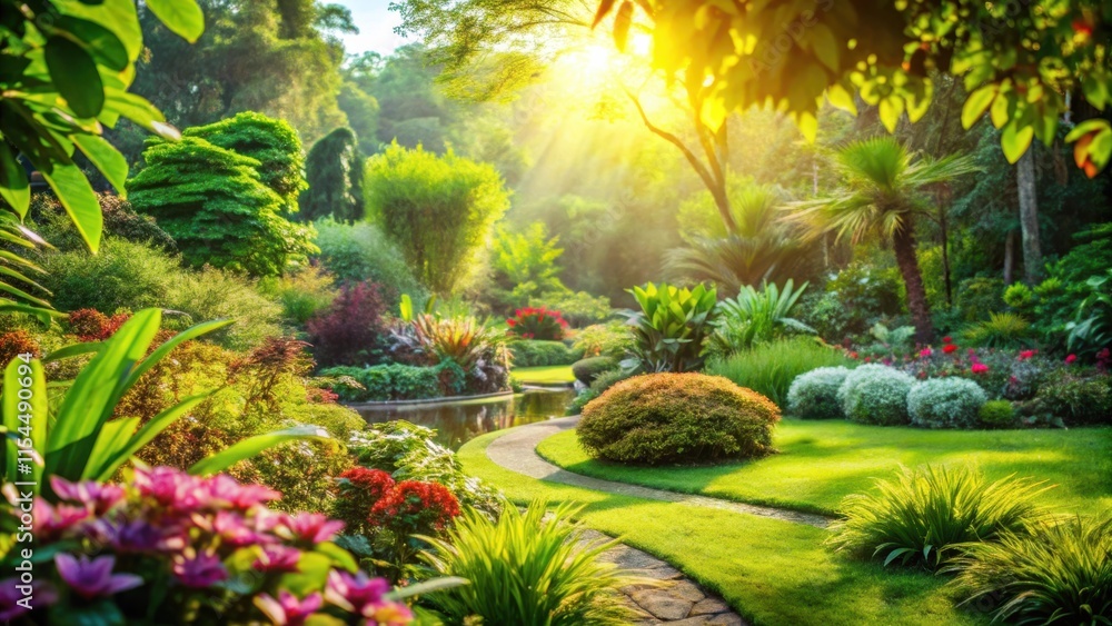Obraz premium A winding stone path through a lush garden illuminated by the golden rays of the morning sun, with vibrant blooms and verdant foliage creating a serene and enchanting landscape.