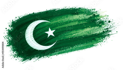 Artistic brush stroke style Pakistani flag with crescent moon and star on green and white texture photo