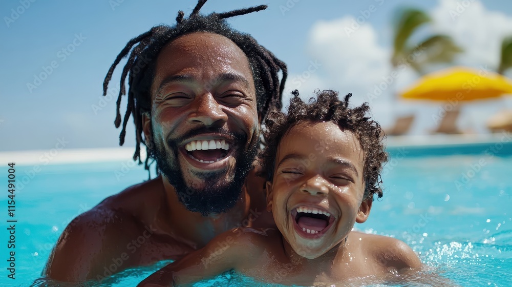 A father and his child share a hearty laugh, enjoying each other's company while swimming in a pool, surrounded by an ambiance of warmth and familial unity. A father and his child share a hearty laugh, enjoying each other's company while swimming in a pool, surrounded by an ambiance of warmth and familial unity.