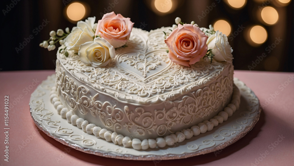 Heart-Shaped Cake with Intricate Icing and Fresh Flowers Heart-Shaped Cake with Intricate Icing and Fresh Flowers