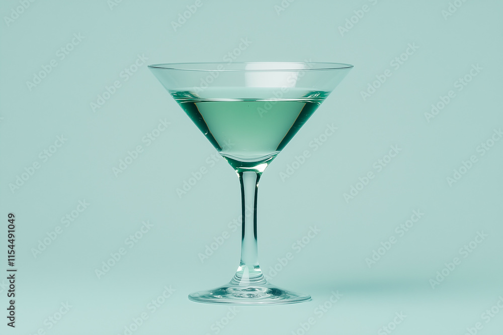 Martini Glass with Pale Green Liquid on Teal Background Martini Glass with Pale Green Liquid on Teal Background