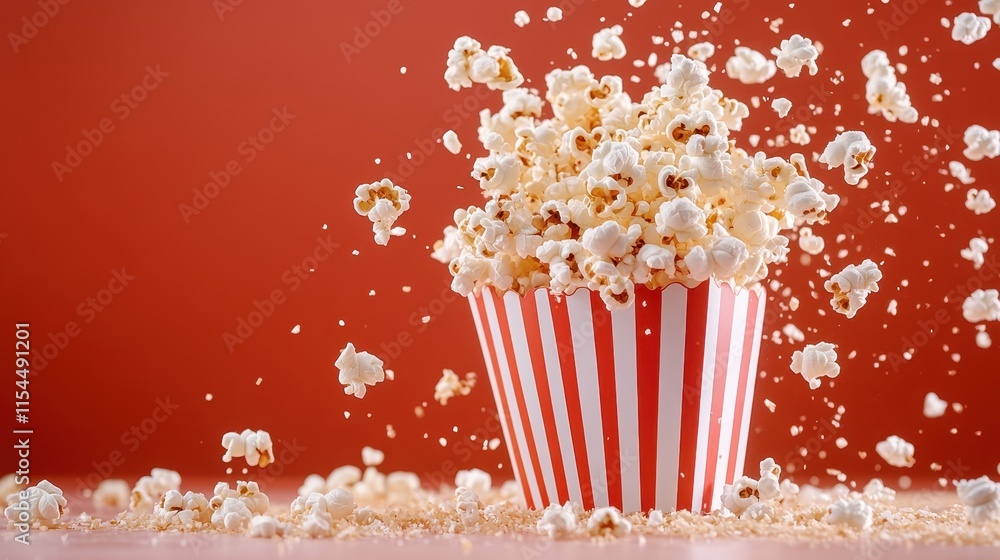 A powerful eruption of popcorn bursts out of a red-striped bucket, against a vivid red color backdrop, encapsulating a sense of celebration and motion. A powerful eruption of popcorn bursts out of a red-striped bucket, against a vivid red color backdrop, encapsulating a sense of celebration and motion.