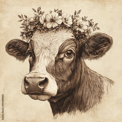 Charming cow portrait with floral crown rustic farm digital art vintage style close-up animal aesthetics photo