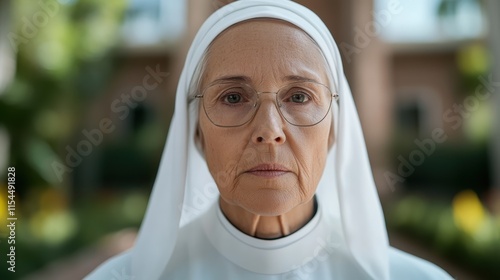 An elderly nun with glasses wears a white habit, portrayed outdoors in a garden setting, reflecting wisdom and peace, with soft foliage in background. photo