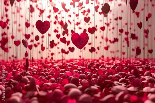 Suspended Hearts Above Rose Petals A Romantic Scene photo