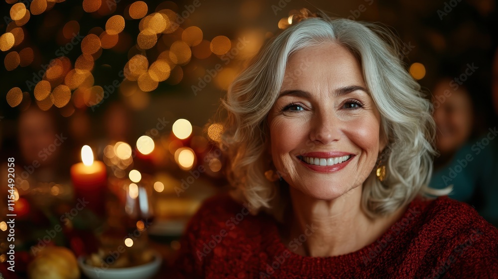 A joyful woman with silver hair smiles warmly in front of a festive dinner table adorned with glowing holiday lights and candles, creating a cozy atmosphere. A joyful woman with silver hair smiles warmly in front of a festive dinner table adorned with glowing holiday lights and candles, creating a cozy atmosphere.