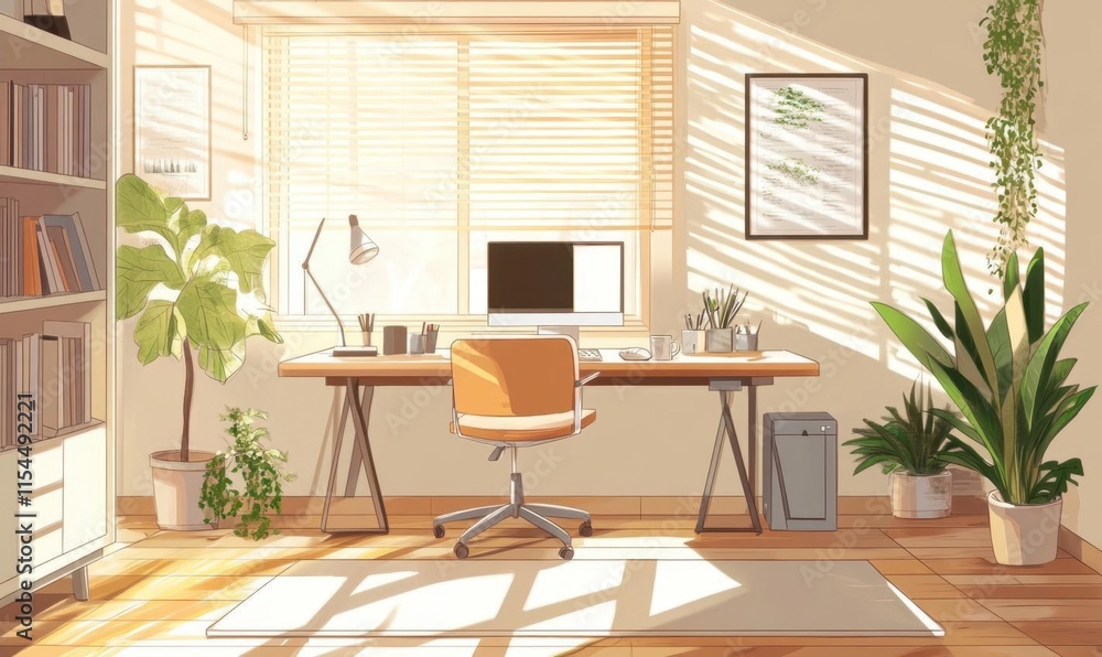 A bright, modern home office with plants and natural light. A bright, modern home office with plants and natural light.