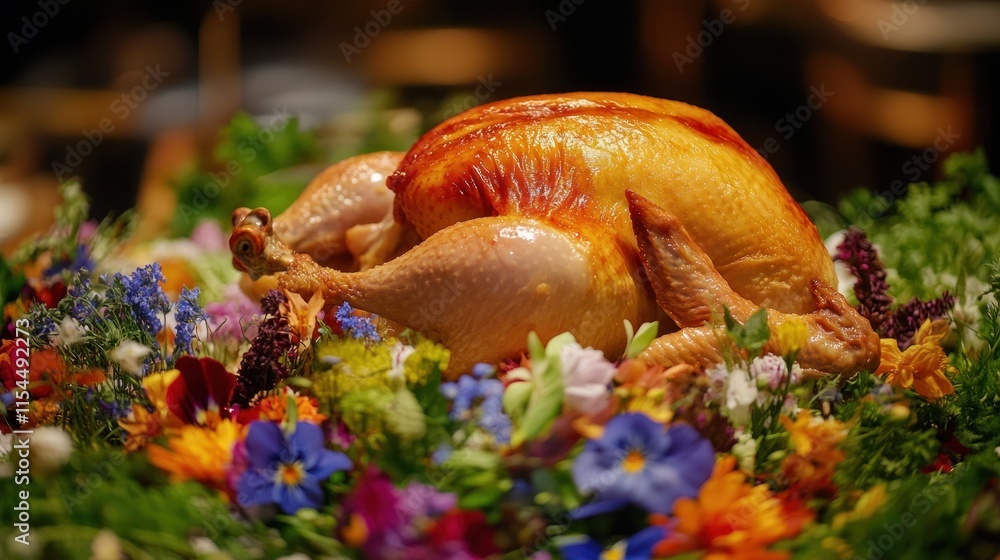 A whole chicken presented on a bed of edible flowers and fresh greens, served with a side of dipping sauces A whole chicken presented on a bed of edible flowers and fresh greens, served with a side of dipping sauces