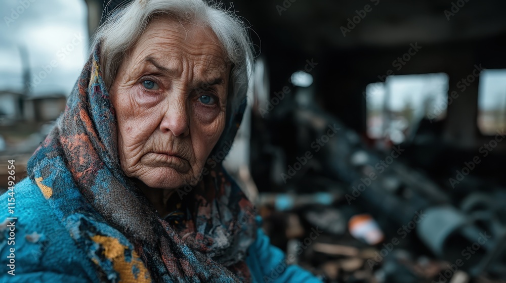 Portrait of an elderly woman in a patterned scarf, standing solemnly amid a blurred background representing urban decay, hardship, and resilience. Portrait of an elderly woman in a patterned scarf, standing solemnly amid a blurred background representing urban decay, hardship, and resilience.