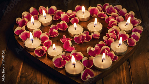 Heart-Shaped Candles on Wooden Table with Rose Petals photo