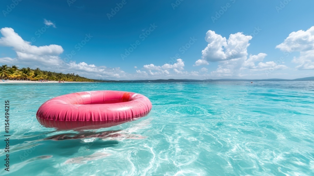 A bright pink inflatable swim ring floats serenely in the crystal clear turquoise waters under a sunny blue sky with fluffy white clouds and palm trees in the distance. A bright pink inflatable swim ring floats serenely in the crystal clear turquoise waters under a sunny blue sky with fluffy white clouds and palm trees in the distance.