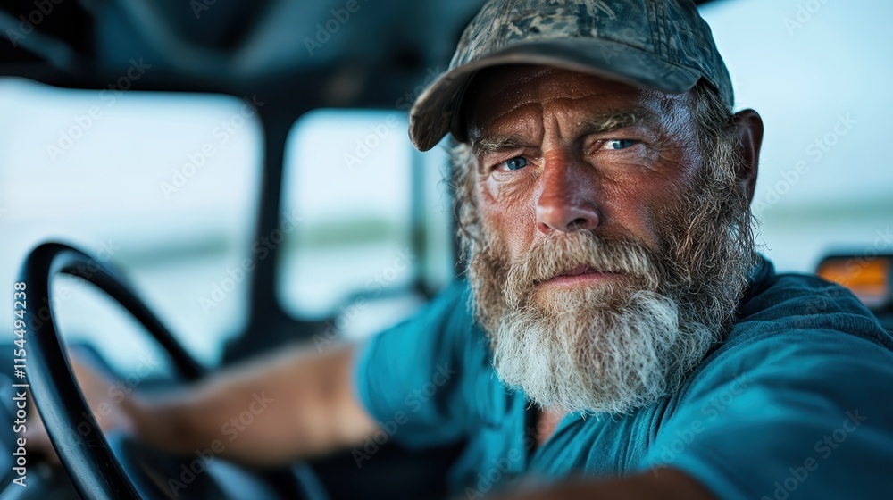 A bearded elderly man wearing a cap and blue shirt drives a truck with a serious and focused expression, showcasing his rugged outdoor lifestyle and determination. A bearded elderly man wearing a cap and blue shirt drives a truck with a serious and focused expression, showcasing his rugged outdoor lifestyle and determination.