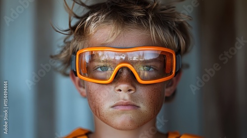 A determined young boy with freckles and tousled hair looks fiercely at the camera, wearing sporty orange goggles against a blurred, industrial-looking backdrop. photo