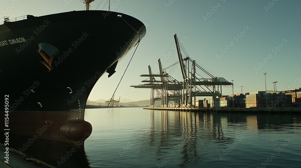 Silent Port Struggle: A Docked Cargo Ship Amidst Cranes and Stacked Containers, Highlighting the Impact of a Labor Strike on Global Trade Silent Port Struggle: A Docked Cargo Ship Amidst Cranes and Stacked Containers, Highlighting the Impact of a Labor Strike on Global Trade