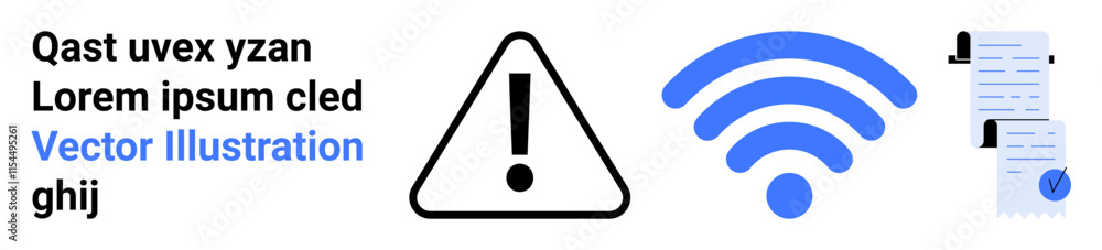 Caution sign, blue wireless symbol, document icon with a check mark, and placeholder text in modern vector style. Ideal for education, technology, security, web design, documentation, connectivity Caution sign, blue wireless symbol, document icon with a check mark, and placeholder text in modern vector style. Ideal for education, technology, security, web design, documentation, connectivity