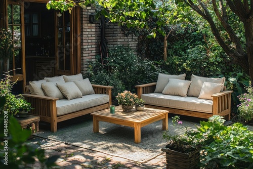 Fototapeta Naklejka Na Ścianę i Meble -  A beautifully arranged wooden furniture set placed in a garden corner, offering both and comfort in a serene outdoor setting.