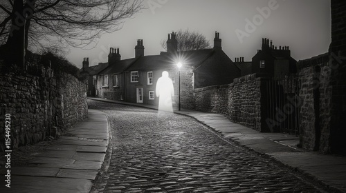 Glowing Figure on a Cobblestone Street at Dusk photo