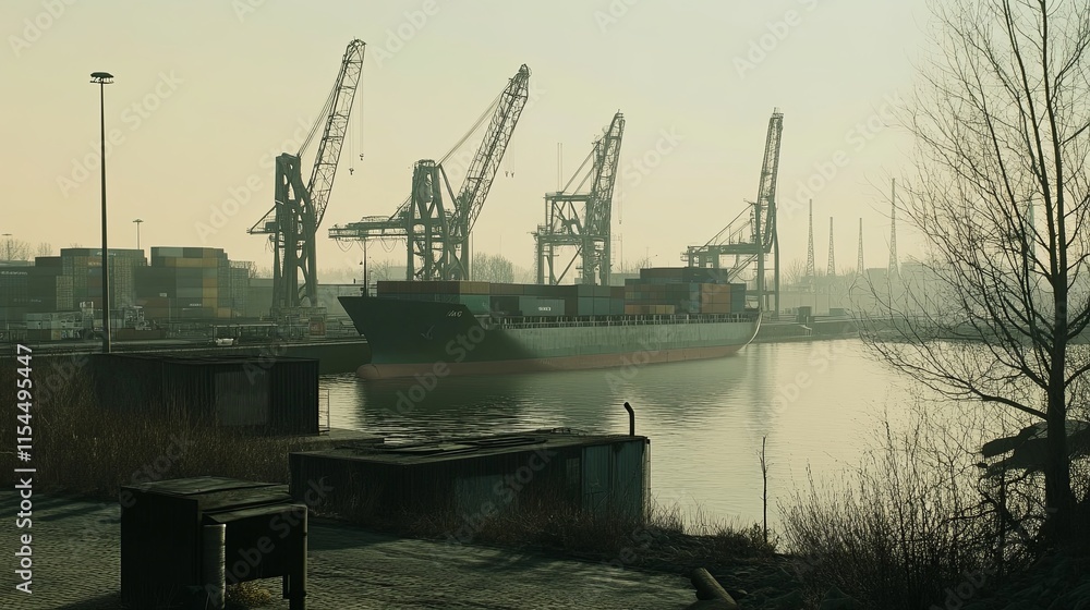 Silent Port Struggle: A Docked Cargo Ship Amidst Cranes and Stacked Containers, Highlighting the Impact of a Labor Strike on Global Trade Silent Port Struggle: A Docked Cargo Ship Amidst Cranes and Stacked Containers, Highlighting the Impact of a Labor Strike on Global Trade
