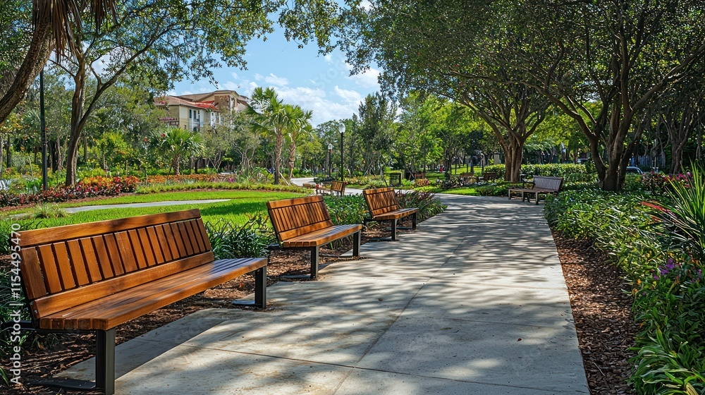 A beautifully designed city park with wooden benches along a sidewalk, providing a peaceful place for citizens to relax and enjoy the outdoors. A beautifully designed city park with wooden benches along a sidewalk, providing a peaceful place for citizens to relax and enjoy the outdoors.