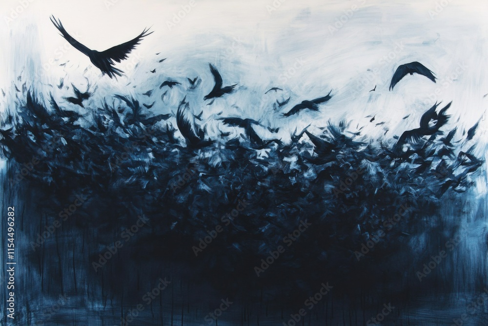 Fototapeta premium Bird murmuration in dynamic motion, charcoal and twilight blue, dusk silhouette