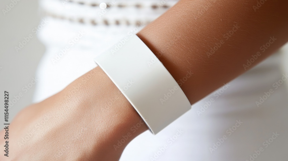 Obraz premium Close-up of a woman's wrist wearing a blank white wristband.
