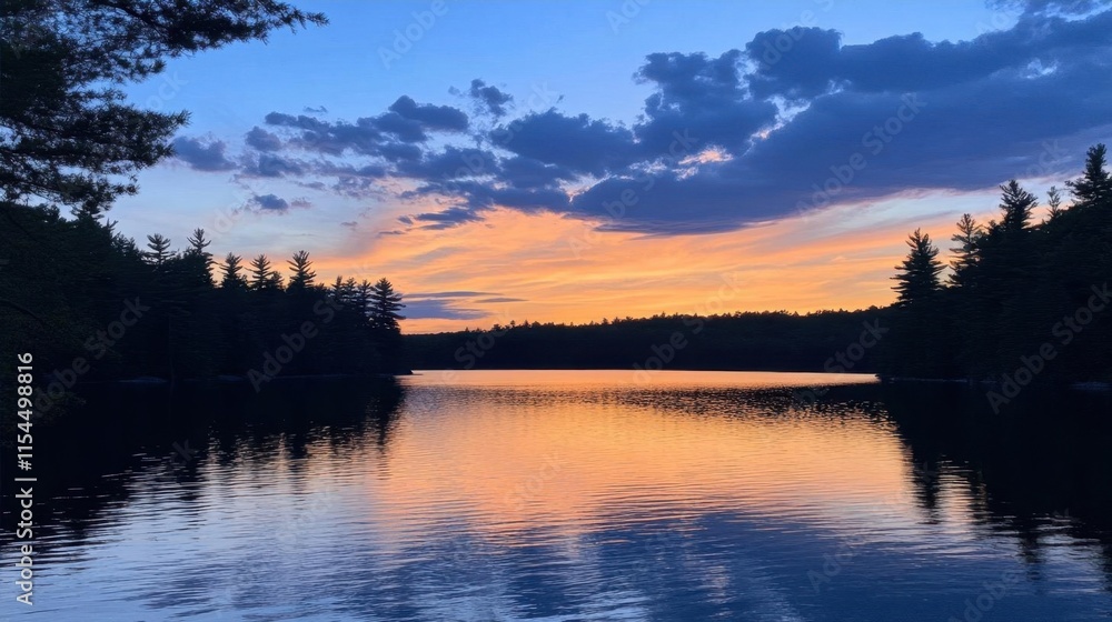 Serene sunset over a calm lake surrounded by trees. Serene sunset over a calm lake surrounded by trees.