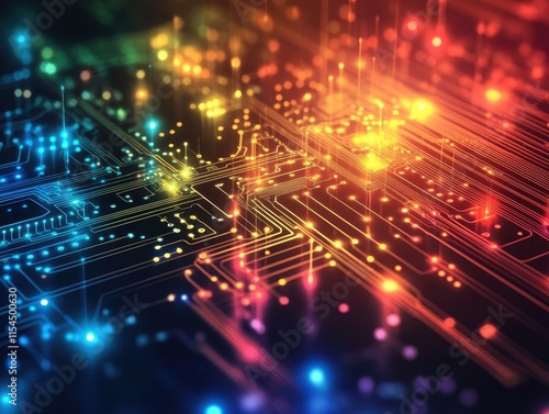Abstract digital circuit design with colorful lights and connections.