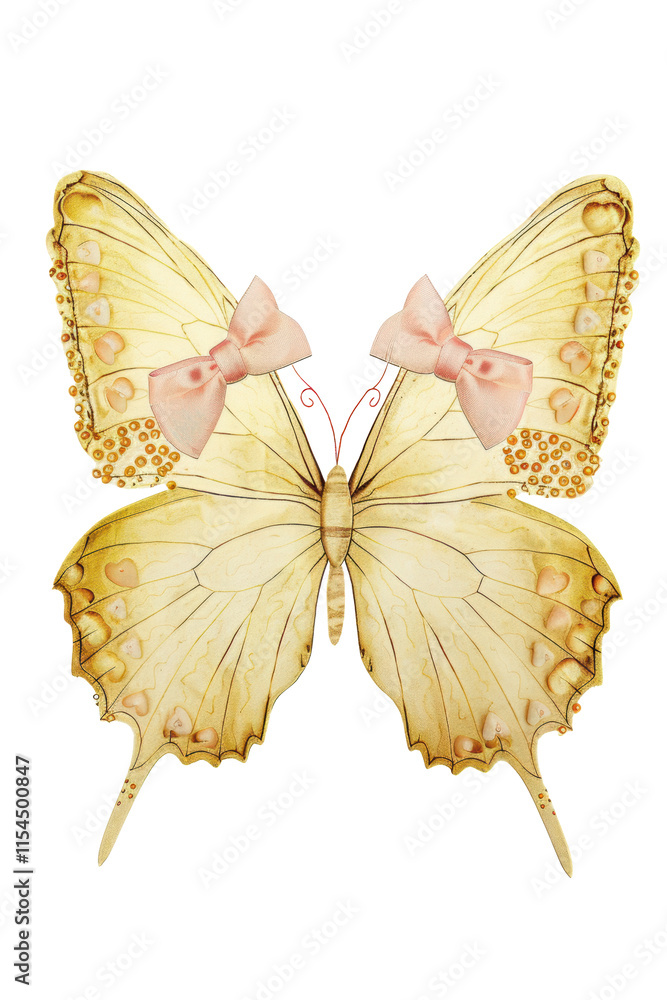 Fototapeta premium Elegant yellow butterfly with pink bows isolated on white background
