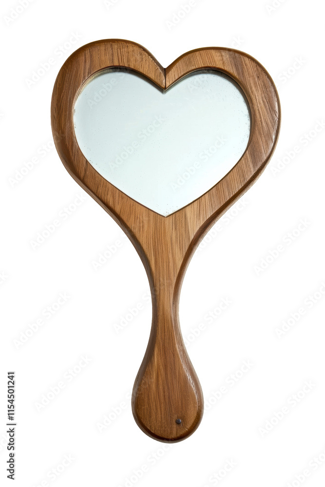 Heart-shaped wooden hand mirror isolated on white background Heart-shaped wooden hand mirror isolated on white background