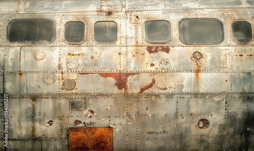 Close-up of a weathered metal surface with rust and rivets.