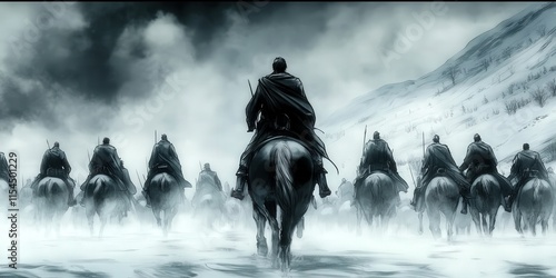 chinese army riding horses into battle, drawing, black and white