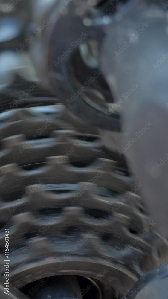 Bicycle gear rotates, guiding chain over cogs. Interaction between gear and chain ensures effective power transfer during pedaling. Repairs bicycle upside down outdoor, small business Bicycle gear rotates, guiding chain over cogs. Interaction between gear and chain ensures effective power transfer during pedaling. Repairs bicycle upside down outdoor, small business