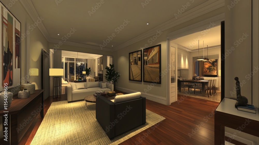 Elegant living room with hardwood floors, modern furniture, and artwork. Elegant living room with hardwood floors, modern furniture, and artwork.