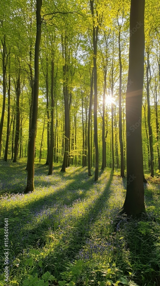 Naklejka premium Lush green forest with sunlight filtering through trees and blue flowers.