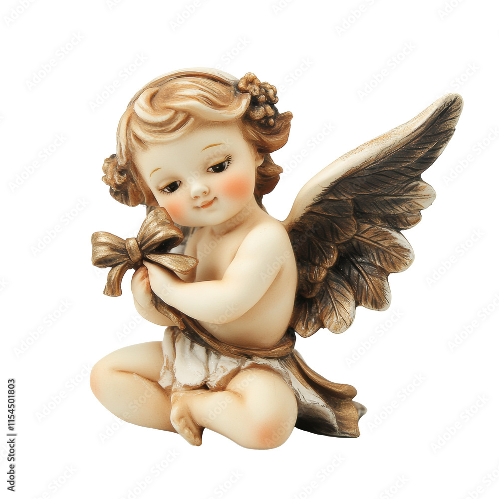Fototapeta premium A delicate cherub figurine sits gracefully, holding a decorative bow