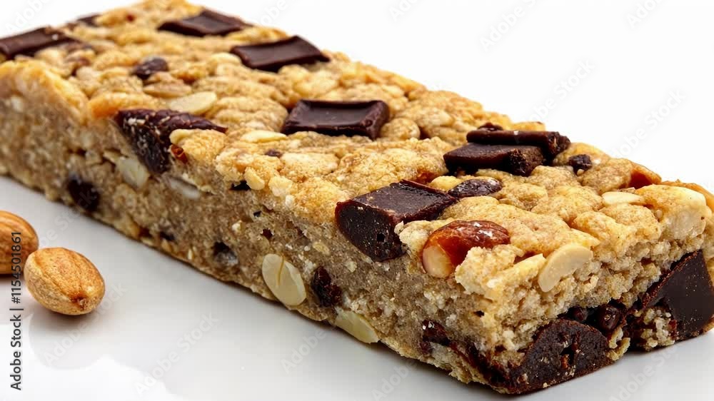Granola Bar A closeup of a chewy granola bar featuring visible chunks of chocolate and nuts embodying snack options that may be deceptively high in sugar and refined carbs. Granola Bar A closeup of a chewy granola bar featuring visible chunks of chocolate and nuts embodying snack options that may be deceptively high in sugar and refined carbs.